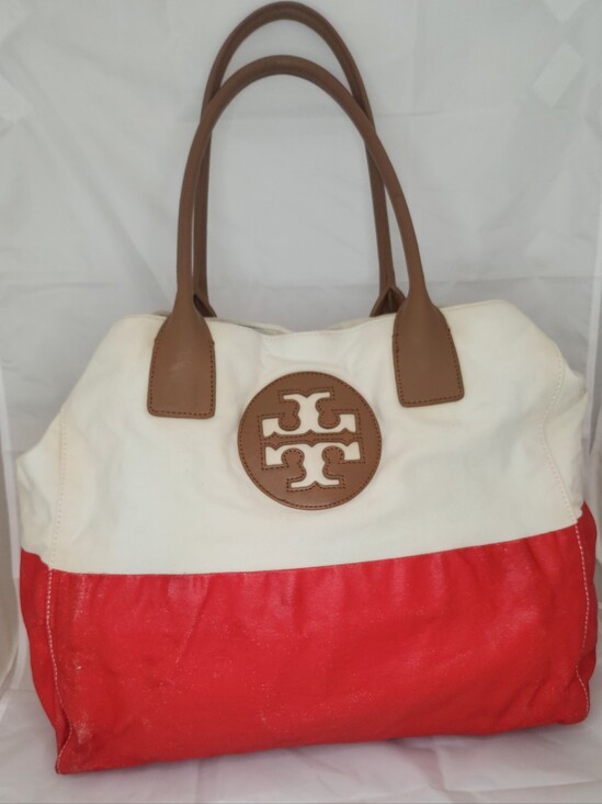 Tory Burch Handbags - Tory Burch Cream and Red Canvas Tote with Tan Leather Trim Nearly PERCECT